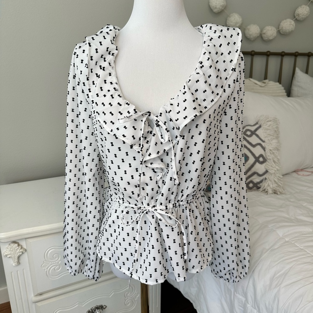 Old Navy Polka Dot Peplum Blouse Small Drawstring Waist Black White Coastal